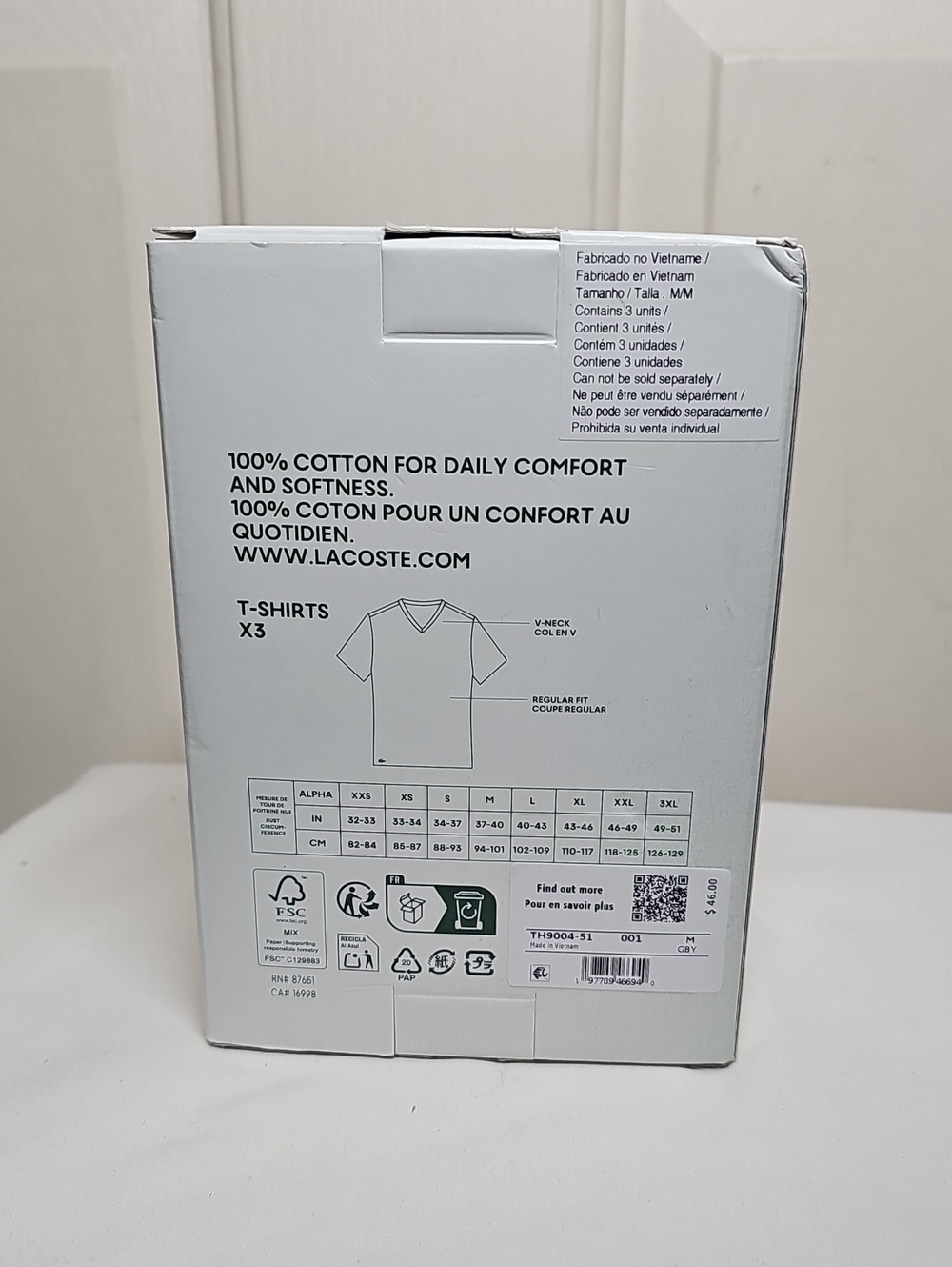 Lacoste White 3-Pack V-Neck Cotton Tees with Green Crocodile Logo - Picture 2 of 4